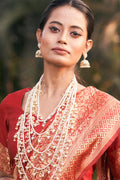 Womens Banarasi Silk Red Saree With Blouse Piece