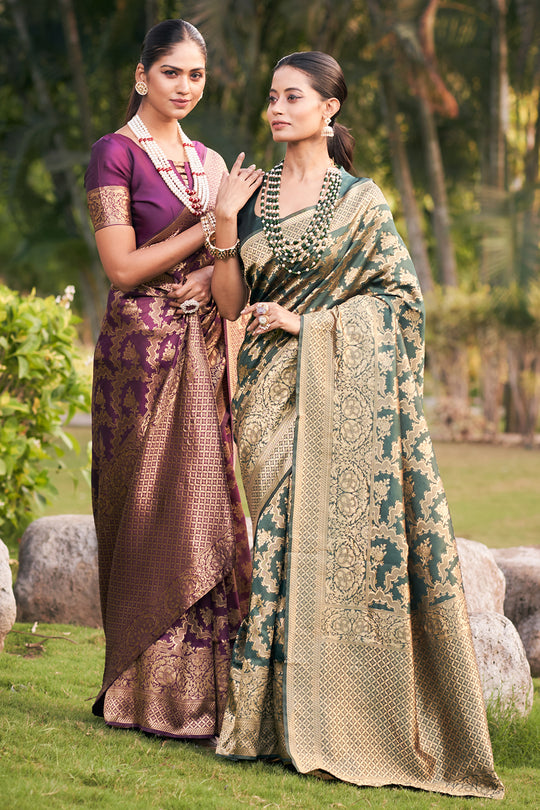 Bottle Green Banarasi Saree