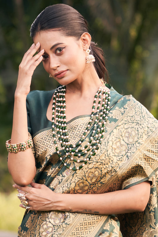 Bottle Green Banarasi Saree