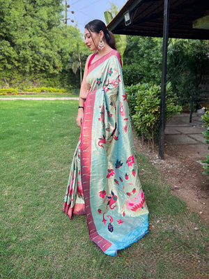 Sky Blue Paithani Silk Saree With Blouse Piece