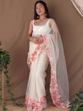 White Net Saree With Blouse Piece