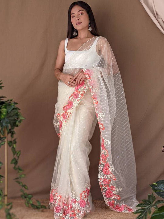 White Net Saree With Blouse Piece