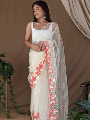 White Net Saree With Blouse Piece