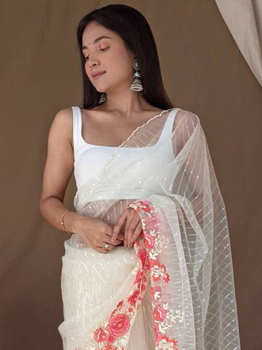 White Net Saree With Blouse Piece