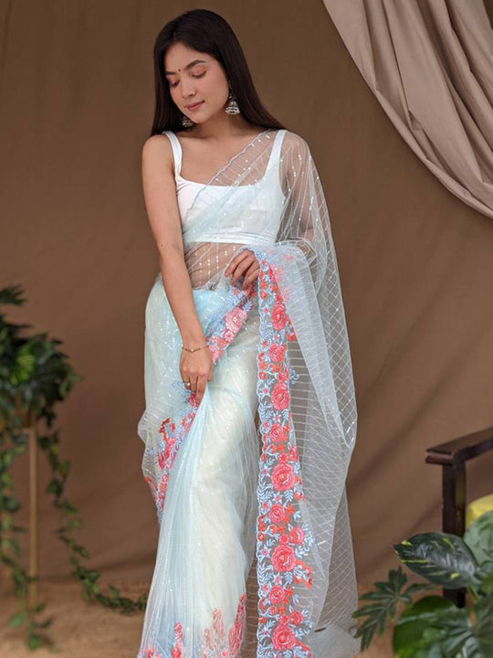 Sky Blue Net Saree With Blouse Piece