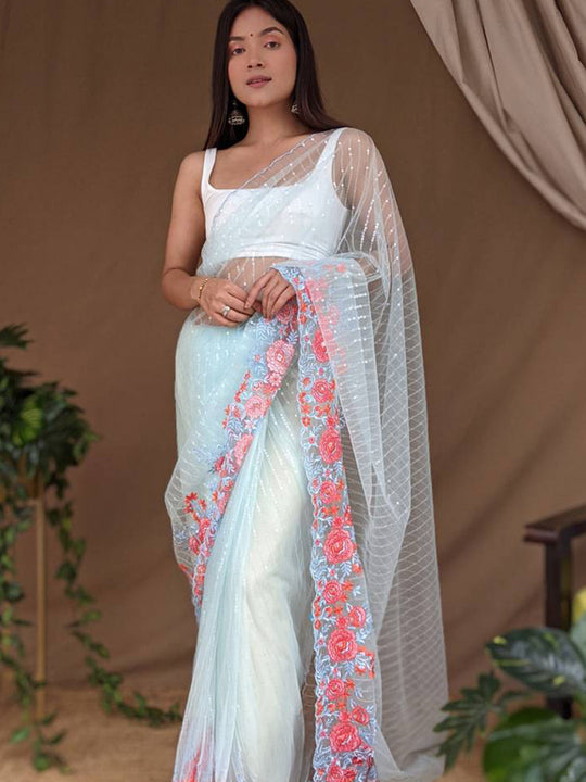 Sky Blue Net Saree With Blouse Piece