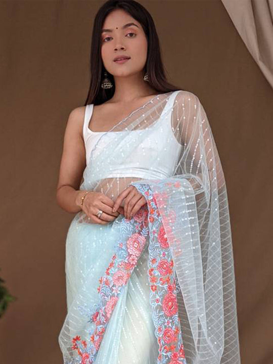 Sky Blue Net Saree With Blouse Piece