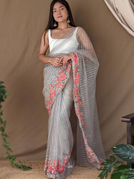 Grey Net Saree With Blouse Piece