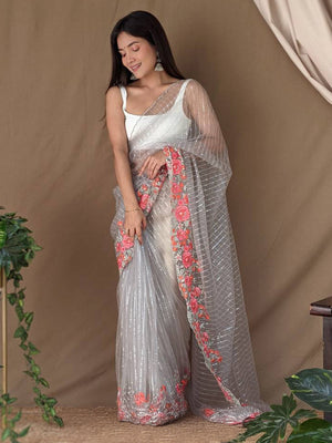 Grey Net Saree With Blouse Piece