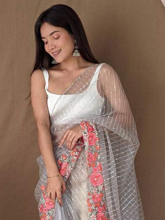 Grey Net Saree With Blouse Piece