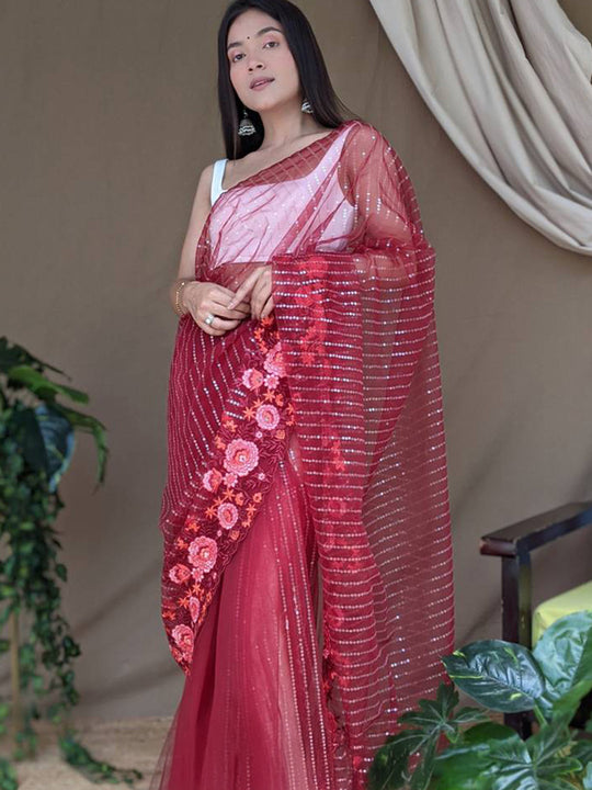 Red Net Saree With Blouse Piece