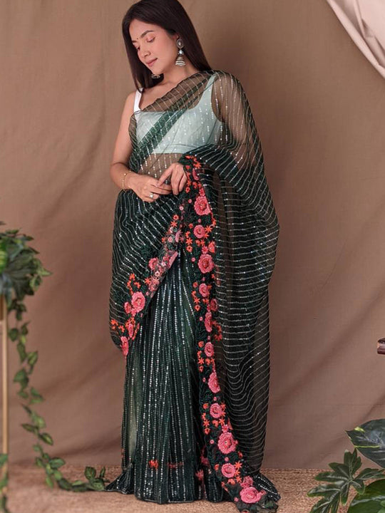 Green Net Saree With Blouse Piece