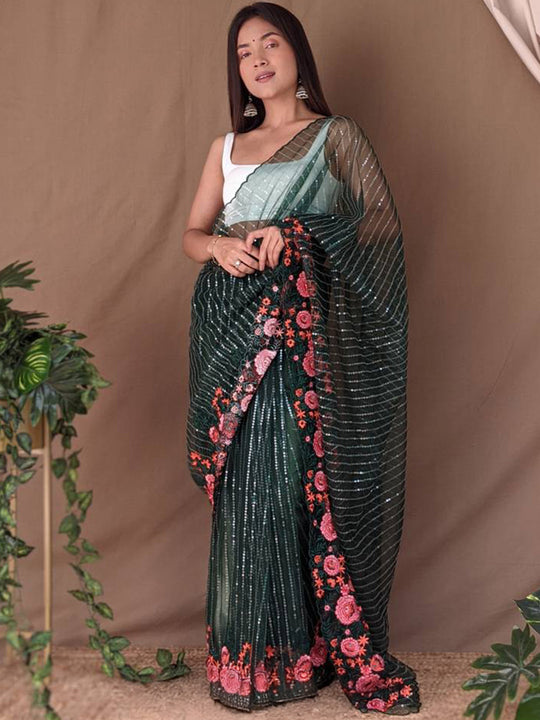 Green Net Saree With Blouse Piece