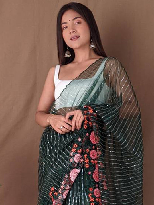 Green Net Saree With Blouse Piece