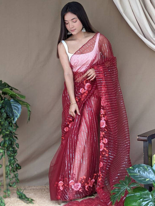 Red Net Saree With Blouse Piece