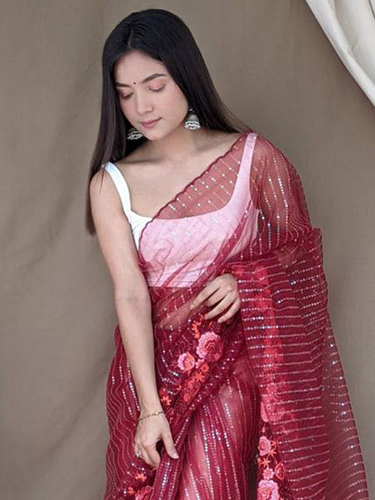 Red Net Saree With Blouse Piece