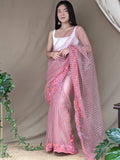 Pink Net Saree With Blouse Piece