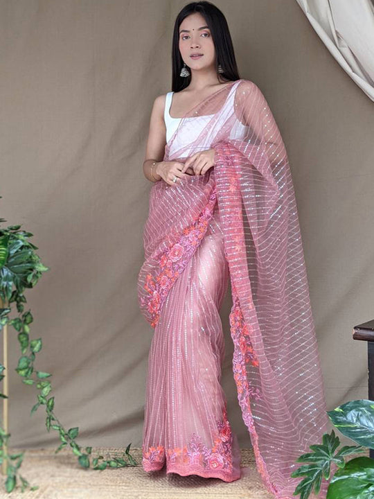 Pink Net Saree With Blouse Piece