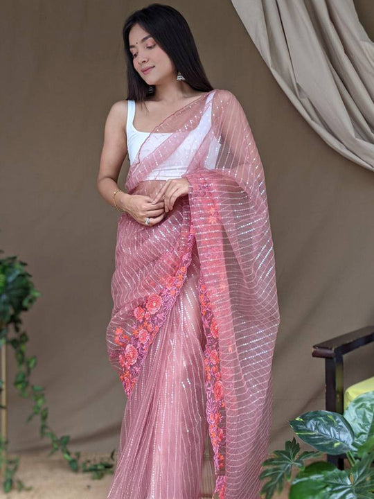 Pink Net Saree With Blouse Piece