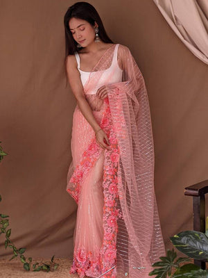 Peach Net Saree With Blouse Piece