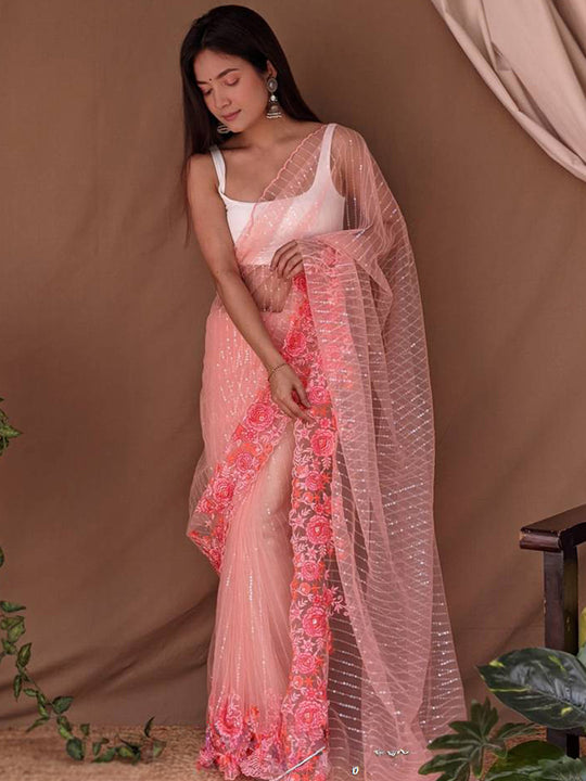 Peach Net Saree With Blouse Piece