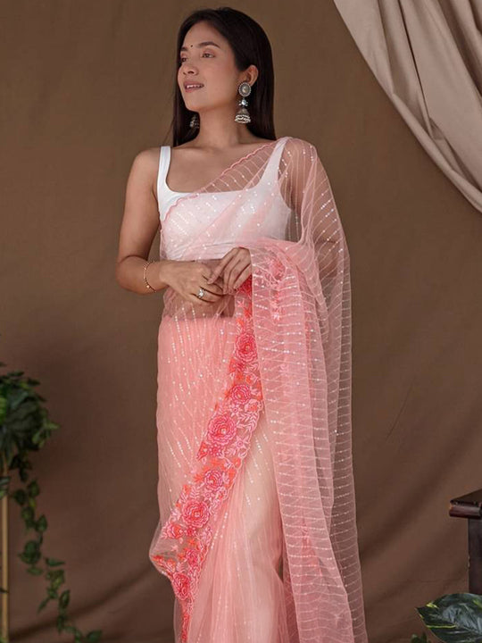 Peach Net Saree With Blouse Piece