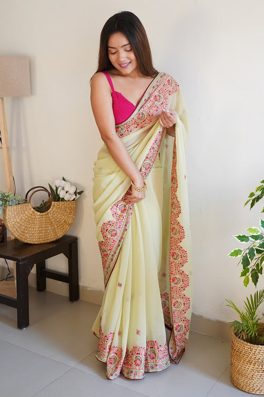 Lemon Georgette Saree With Blouse Piece