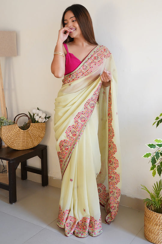 Lemon Georgette Saree With Blouse Piece