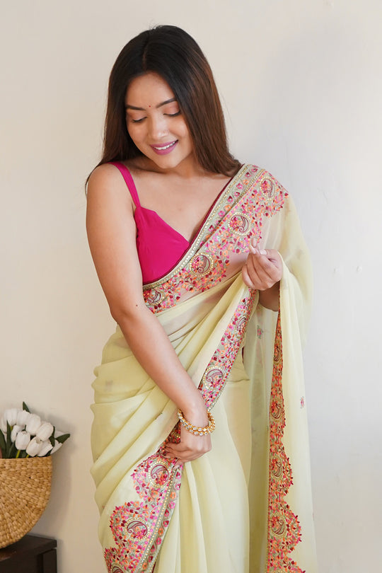 Lemon Georgette Saree With Blouse Piece