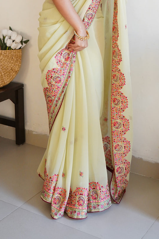 Lemon Georgette Saree With Blouse Piece