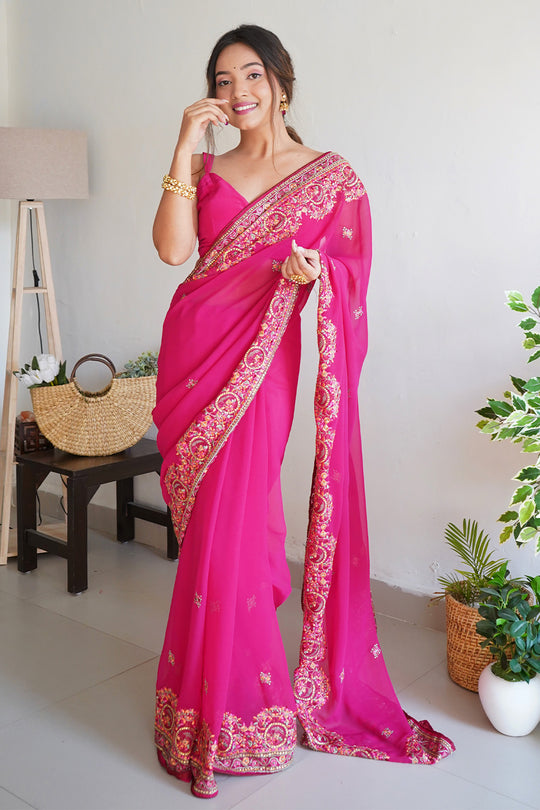 Pink Georgette Saree With Blouse Piece