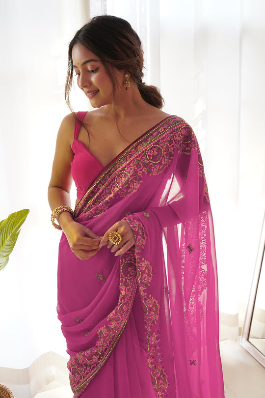 Pink Georgette Saree With Blouse Piece