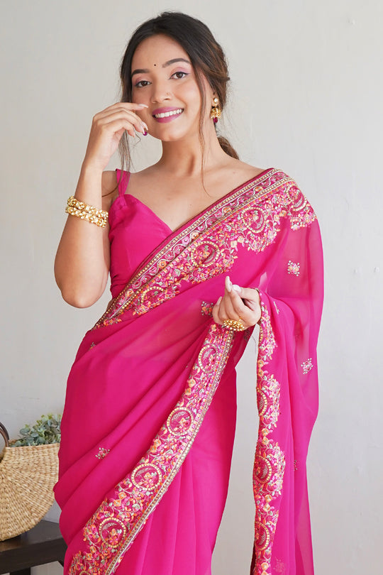 Pink Georgette Saree With Blouse Piece