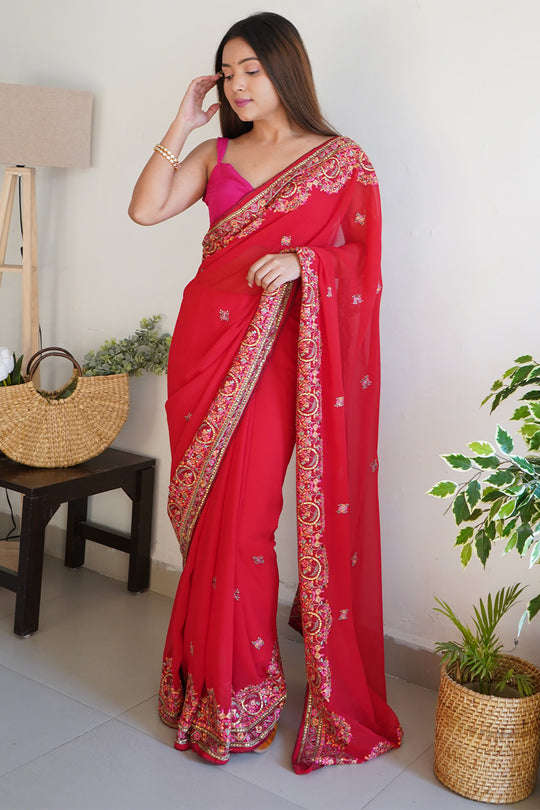 Red Georgette Saree With Blouse Piece