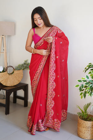 Red Georgette Saree With Blouse Piece