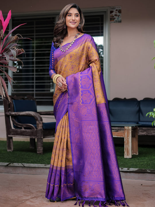 Brown Banarasi Silk Zari Woven Traditional Saree with Blouse