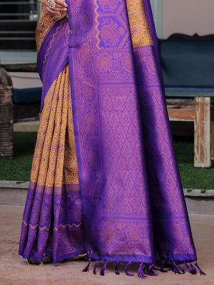 Brown Banarasi Silk Zari Woven Traditional Saree with Blouse