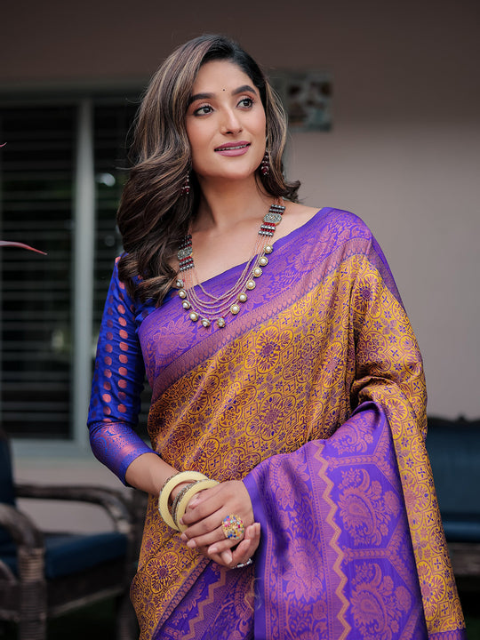 Brown Banarasi Silk Zari Woven Traditional Saree with Blouse