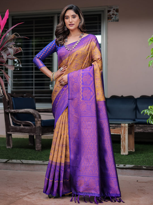 Brown Banarasi Silk Zari Woven Traditional Saree with Blouse