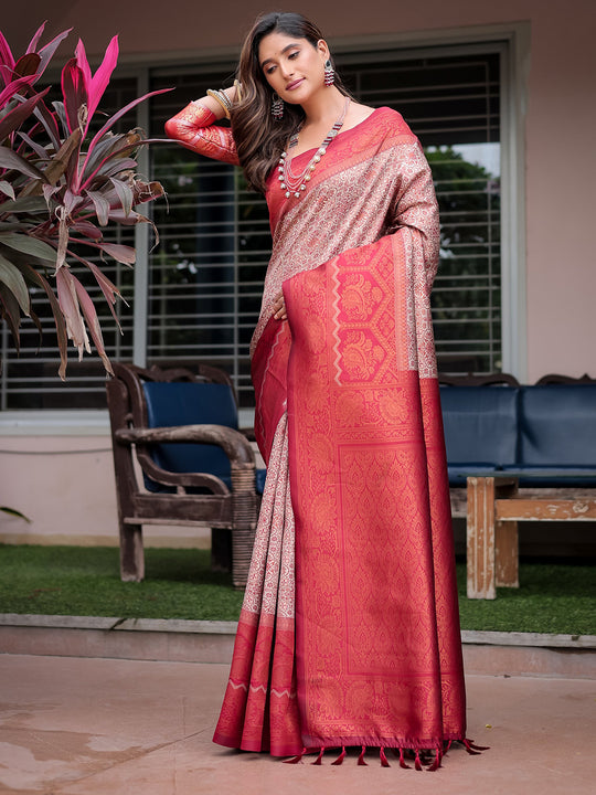 Cream Banarasi Silk Zari Woven Traditional Saree with Blouse