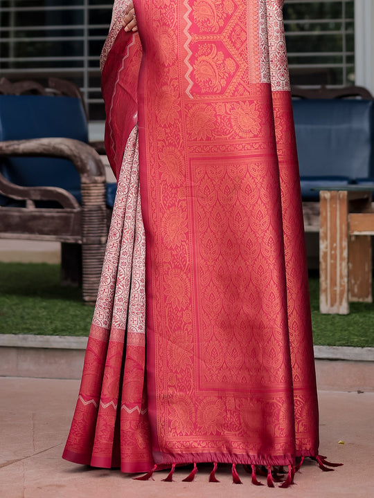 Cream Banarasi Silk Zari Woven Traditional Saree with Blouse