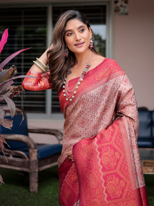 Cream Banarasi Silk Zari Woven Traditional Saree with Blouse