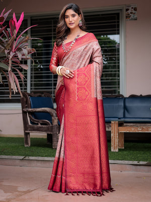 Cream Banarasi Silk Zari Woven Traditional Saree with Blouse