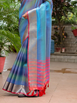 Blue Banarasi Silk Zari Woven Traditional Saree with Blouse