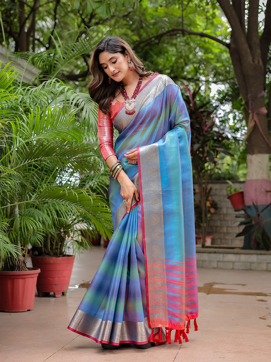 Blue Banarasi Silk Zari Woven Traditional Saree with Blouse