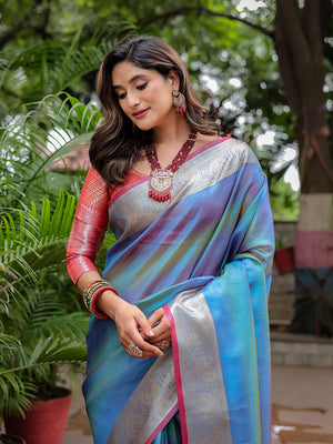 Blue Banarasi Silk Zari Woven Traditional Saree with Blouse
