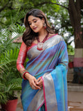 Blue Banarasi Silk Zari Woven Traditional Saree with Blouse
