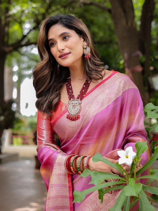 Purple Banarasi Silk Zari Woven Traditional Saree with Blouse