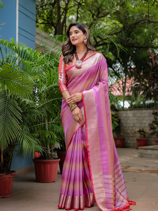 Purple Banarasi Silk Zari Woven Traditional Saree with Blouse