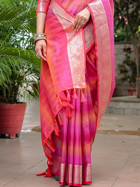 Pink Banarasi Silk Zari Woven Traditional Saree with Blouse